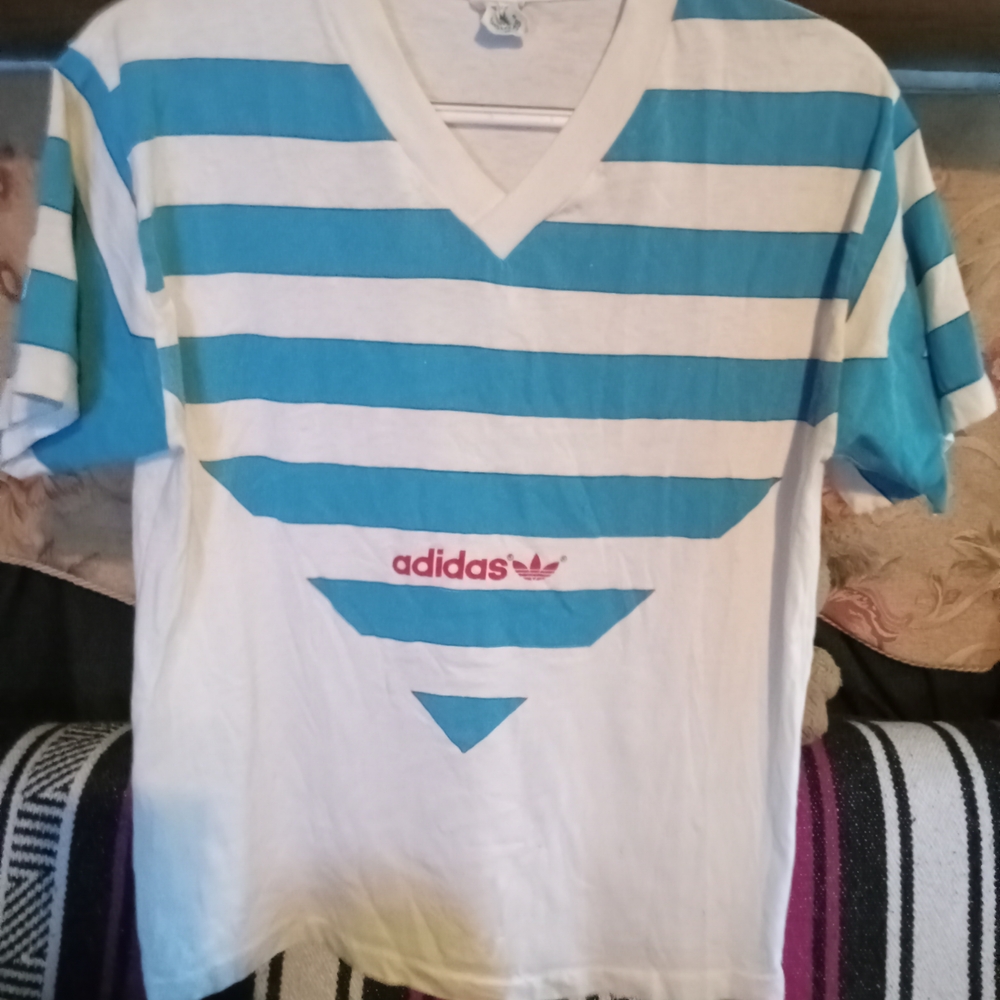 Vintage Adidas White and Turquoise Striped V-Neck Tee